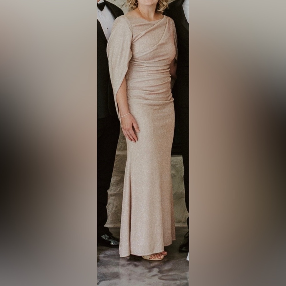Betsy & Adam Champagne Draped Ruched Evening Gown